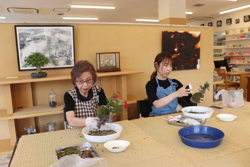 根鉢に苔を巻いて形を整える様子