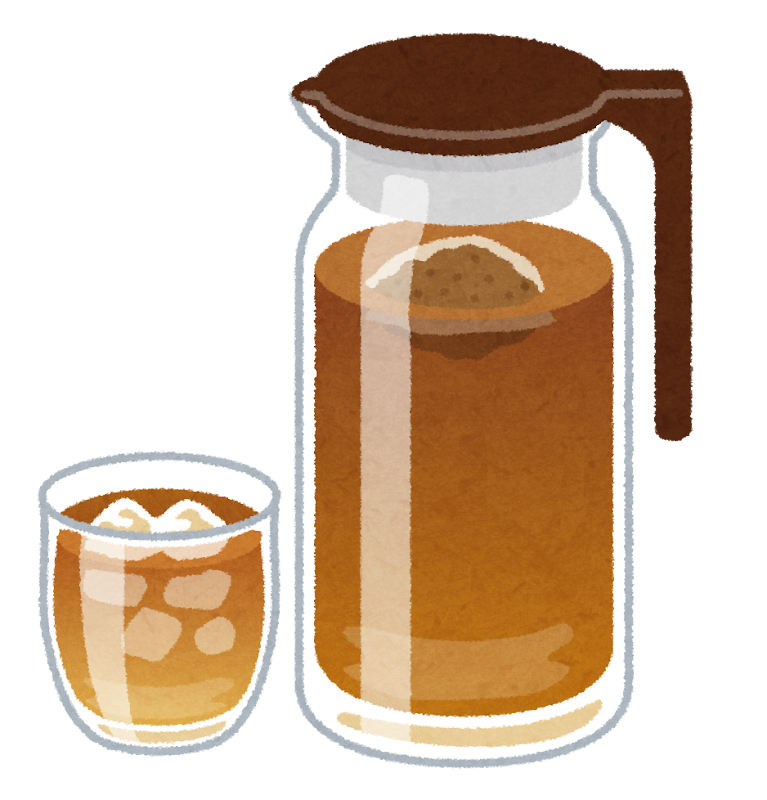 ポットに入った麦茶とコップ