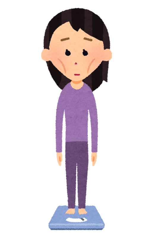 体重計に乗って悩む女性のイラスト